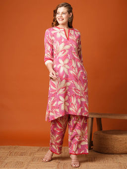 FASHOR - Pink Floral Printed Straight Fit Kurta and Palazzo (Set of 2)