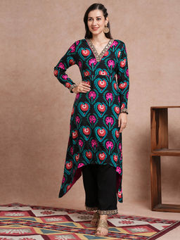 FASHOR - Black Floral Printed A-Line Kurta with Pant (Set of 2)