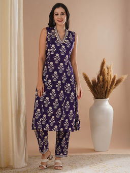 FASHOR - Purple Block Printed Straight Fit Kurta and Pant (Set of 2)