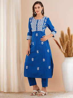 FASHOR - Blue Chikankari Embroidered Straight Fit Kurta and Pant (Set of 2)