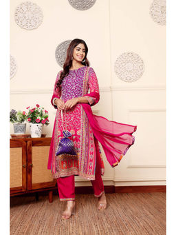 Varanga - Purple and Pink Print and Thread Work Straight Kurta with Pant and Dupatta (Set of 3)
