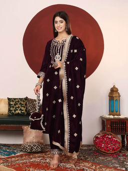 Varanga - wine ethnic Zari embroidered velvet straight kurta with Trouser & Dupatta