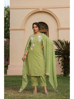 SAVI - Green Cotton Applique Kurta and Pant with Dupatta (Set of 3)