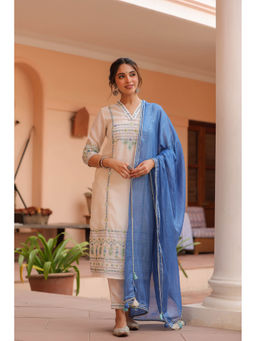 SAVI - Off White Blue Embroidered Kurta with Pant and Dupatta (Set of 3)