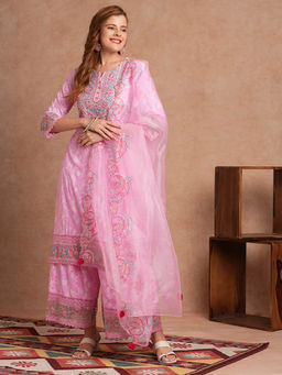 FASHOR - Pink Printed Embroidered Fit Kurta with Palazzo and Dupatta (Set of 3)