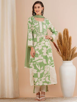 FASHOR - Green Floral Printed and Embroidered Kurta with Pant and Dupatta (Set of 3)