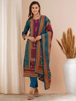 FASHOR - Teal Printed and Hand Embroidered Straight Fit Kurta with Pant and Dupatta (Set of 3)