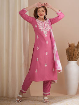 FASHOR - Pink Chikankari Embroidered Straight Kurta with Pant and Dupatta (Set of 3)