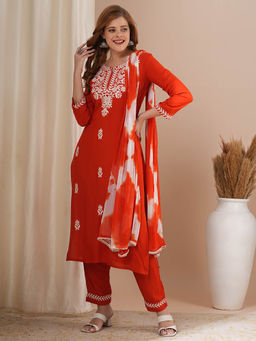 FASHOR - Red Chikankari Embroidered Straight Kurta with Pant and Dupatta (Set of 3)
