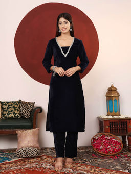 Varanga - Navy Blue V Neck Zari Embroidered Velvet Kurta with Trouser