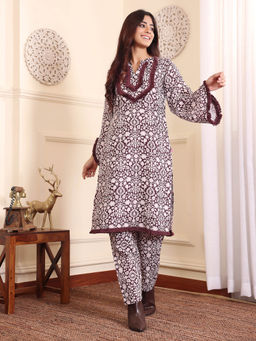 Varanga - Brown & White Floral Printed Fringed lace Winter Straight Kurta With Trousers
