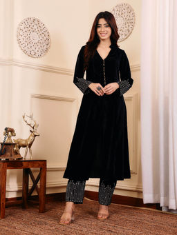 Varanga - Black Thread Embroidered Panelled Winter Kurta with Trouser