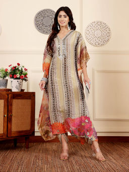 Varanga - Beige Gotta and Mirror Embellished Kaftan Kurta with Tulip Pant and Inner (Set of 3)