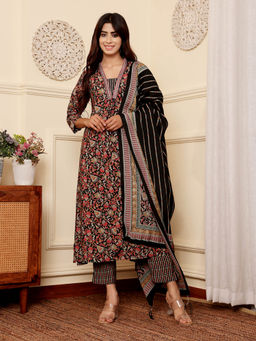 Varanga - Black Floral Printed Anarkali Kurta with Pant and Dupatta (Set of 3)
