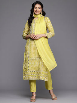 Varanga - Lime Green Mirror and Gota Hand Embroidered Kurta with Pant and Dupatta (Set of 3)