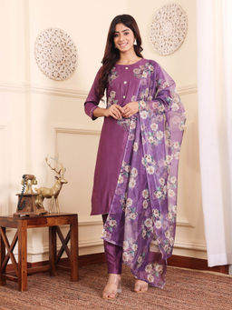 Varanga - Lavender Silk Floral Printed Kurta with Pant and Dupatta (Set of 3)