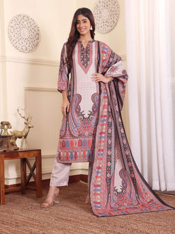 Varanga - Red & off-white Paisley Printed winter Straight Kurta With Trousers & Dupatta
