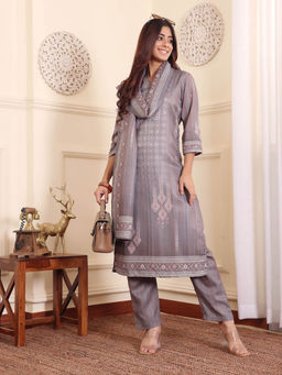 Varanga - Grey Ethnic Motifs Printed Winter Straight Kurta With Trousers & Dupatta