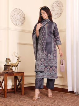 Varanga - Grey Floral Printed Woolen Mandarin Collar Straight Kurta With Trousers & Dupatta