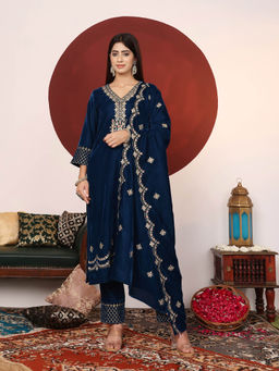 Varanga - Teal Blue Embroidered Winter Velvet Straight Kurta with Trousers & Dupatta