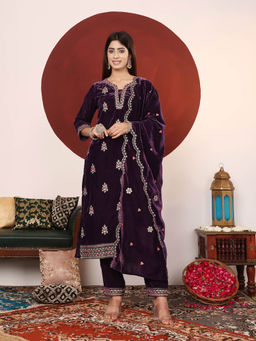 Varanga - Purple Floral Thread Embroidered Winter Velvet Kurta with Trousers & Scalloped Dupatta