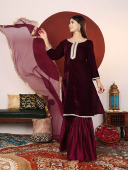 Varanga - Wine Zari & Sequin Embroidered Neck Velvet Winter Kurta with Sharara & Dupatta
