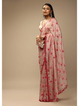 KALKI FASHION - English Rose Pink Saree in Cotton Silk with Self Stripes and Multi Coloured Print in G
