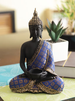 HomeTown - Zen Polyresin Sitting Budhha Figurine in Blue Motif Colour