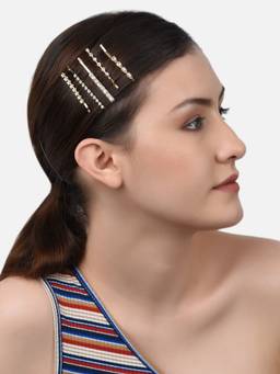 Zaveri Pearls - Gold Tone Set of 5 Austrian Diamonds & Pearls Bobby Hair Pins ZPFK10563