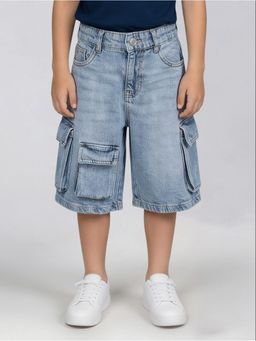 R&B - Blue Solid Boys Regular Fit Cargo Shorts
