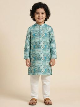 AJ Dezines - Blue Foil Print Silk Blend Kurta And Pyjama For Boys
