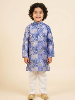 AJ Dezines - Dark Blue Foil Print Silk Blend Kurta And Pyjama For Boys
