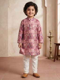 AJ Dezines - Pink Foil Print Silk Blend Kurta And Pyjama For Boys