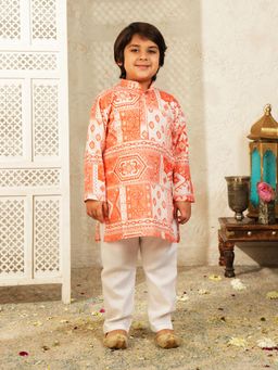AJ Dezines - Orange Print Cotton Blend Kurta And Pyjama For Boys