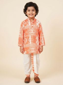 AJ Dezines - Orange Rich Print Silk Blend Dhoti And Kurta
