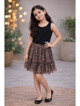 Miyo - Girls Animal Print Layered Flared Ruffle Detail Casual Mini Skirt-Brown