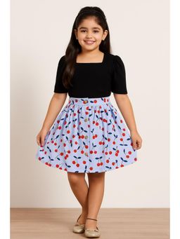 Miyo - Girls Cherry Printed Flared Cute Everyday Skirt-Blue