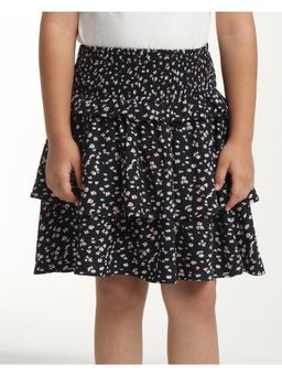 Miyo - Girls Floral Printed Tiered Flared Smocked Mini Skirt-Black
