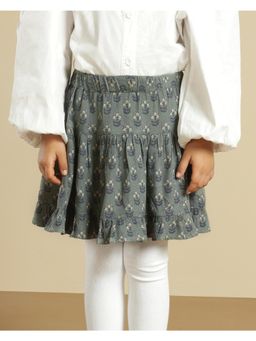 Miyo - Girls Floral Printed Layered Soft Casual Skirt-Green