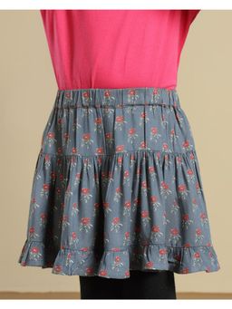 Miyo - Girls Floral Printed Tiered Soft Flared Casual Skirt-Grey