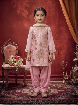 JILMIL - Girls Pink Cotton Printed Kurta with Salwar and Dupatta