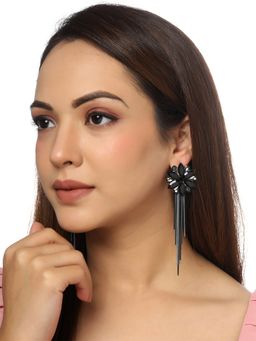 Yellow Chimes - Floral Shaped Crystal Black Long Chain Dangler Earrings