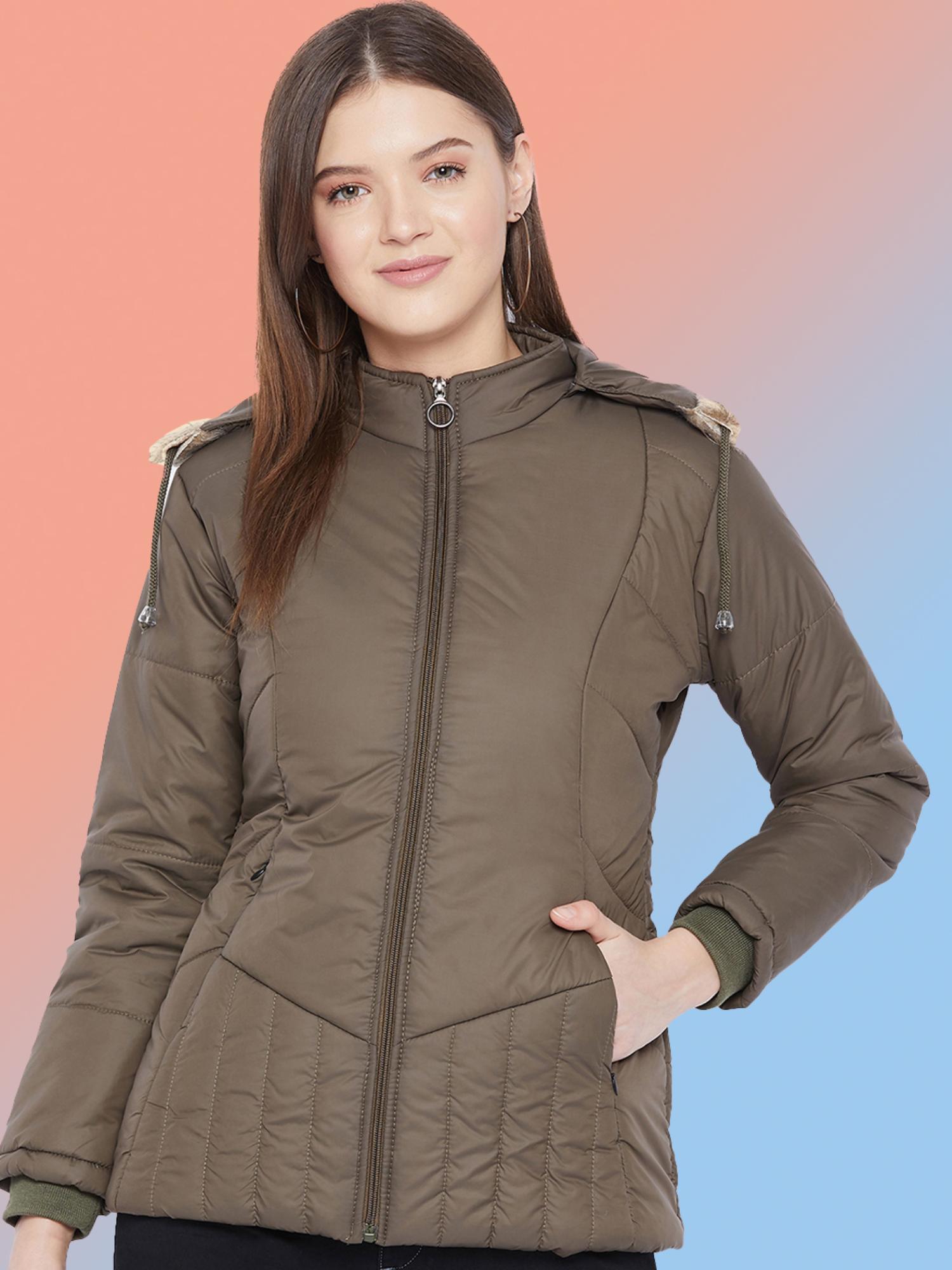 vero amore Women Olive Winterwear Hooded Puffer Jacket-picture-35