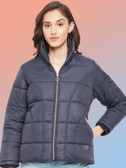 Vero Amore - Women Navy Blue Winterwear High Neck Puffer Jacket