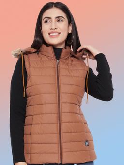 Vero Amore - Women Tan Winterwear Hooded Puffer Jacket