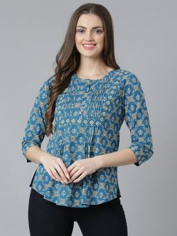 QOMN - Teal Printed Pintucks Detail Top