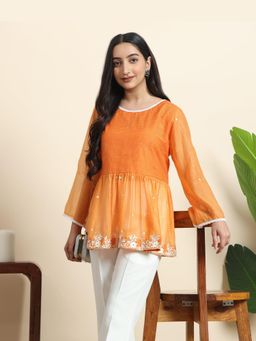 Sarvaa by Kriti - Orange Marigold Flared Embroidered Top