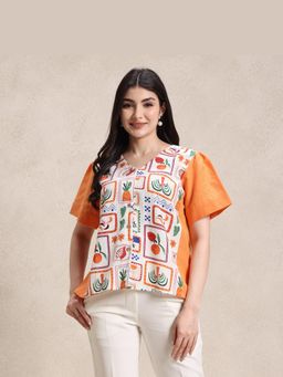 Sarvaa by Kriti - Orange Printed Button Down Top