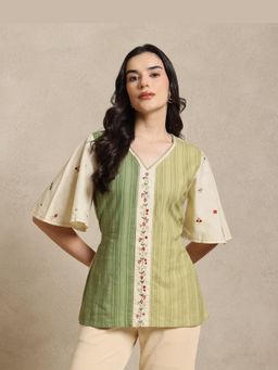 Sarvaa by Kriti - Green The Taru Flared Sleeves Embroidered Top