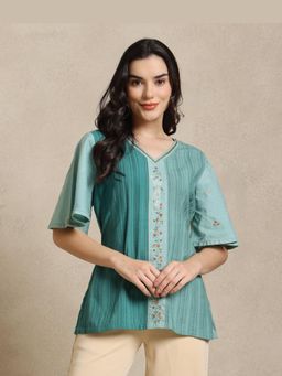 Sarvaa by Kriti - Teal The Niya Flared Sleeves Embroidered Top